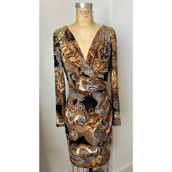 Cache Paisley Vintage Faux Wrap Dress with Gold Beaded Shoulders size S - Picture 1 of 10